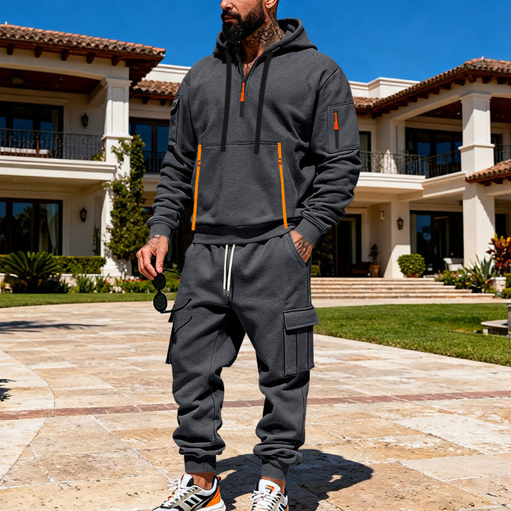 Herren nan urbanes Hoodie-Cargo-Set mit versteckten Reißverschlüssen, Mehrfach-Taschen und elastischem Saum Drune
