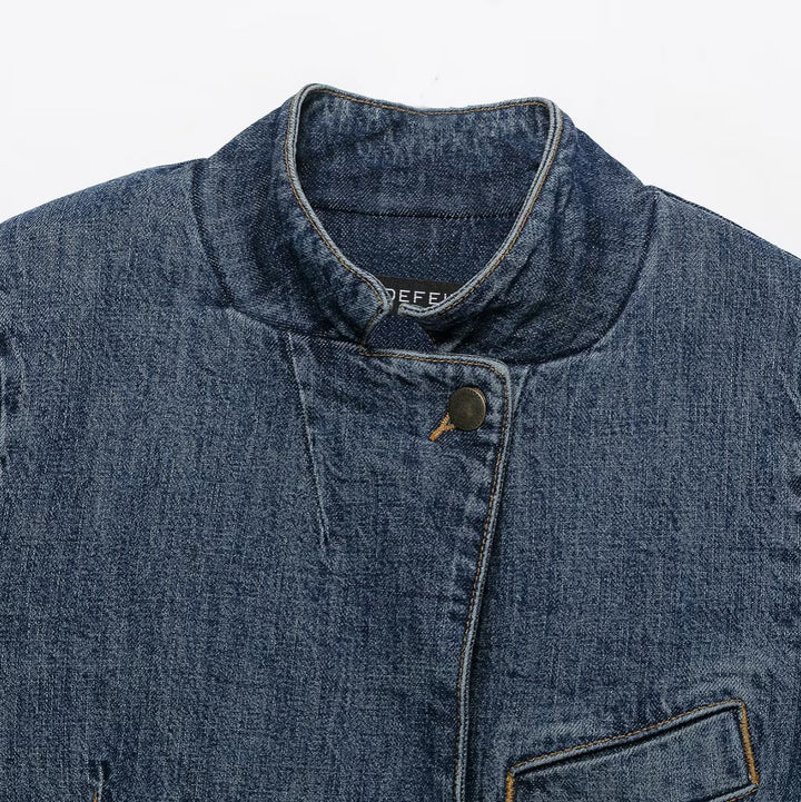Damen Cropped Jeansjacke im Boxy-Cut mit Stehkragen und verdeckter Knopfleiste Drune
