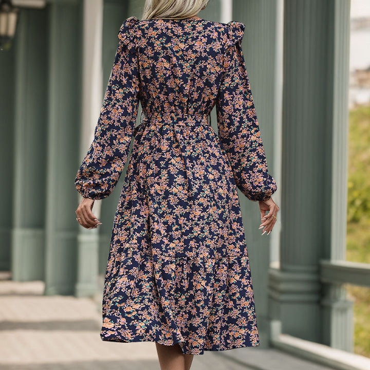 Damen Wickel-Midikleid mit V‑Ausschnitt, Volant-Schultern & Taillenband Drune