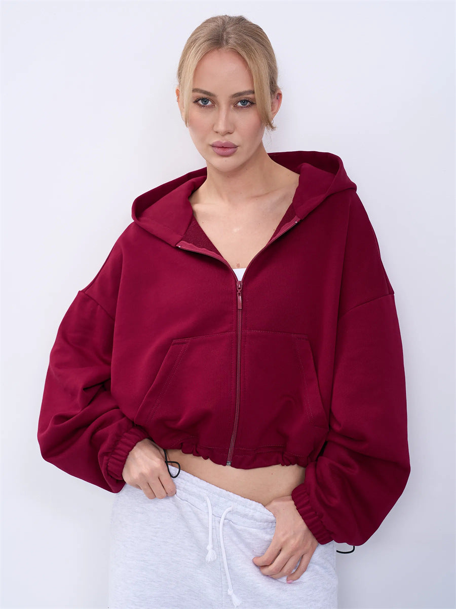 Damen legeres Cropped-Fleece-Hoodie mit Tunnelzugbund, Raglanärmeln und Reißverschluss Drune