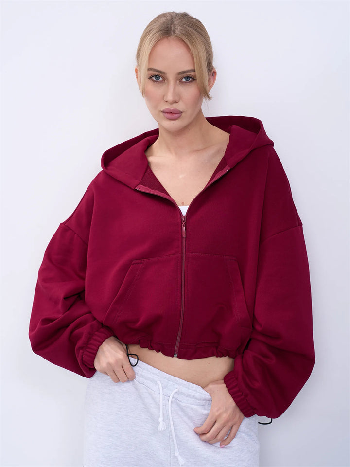 Damen legeres Cropped-Fleece-Hoodie mit Tunnelzugbund, Raglanärmeln und Reißverschluss Drune