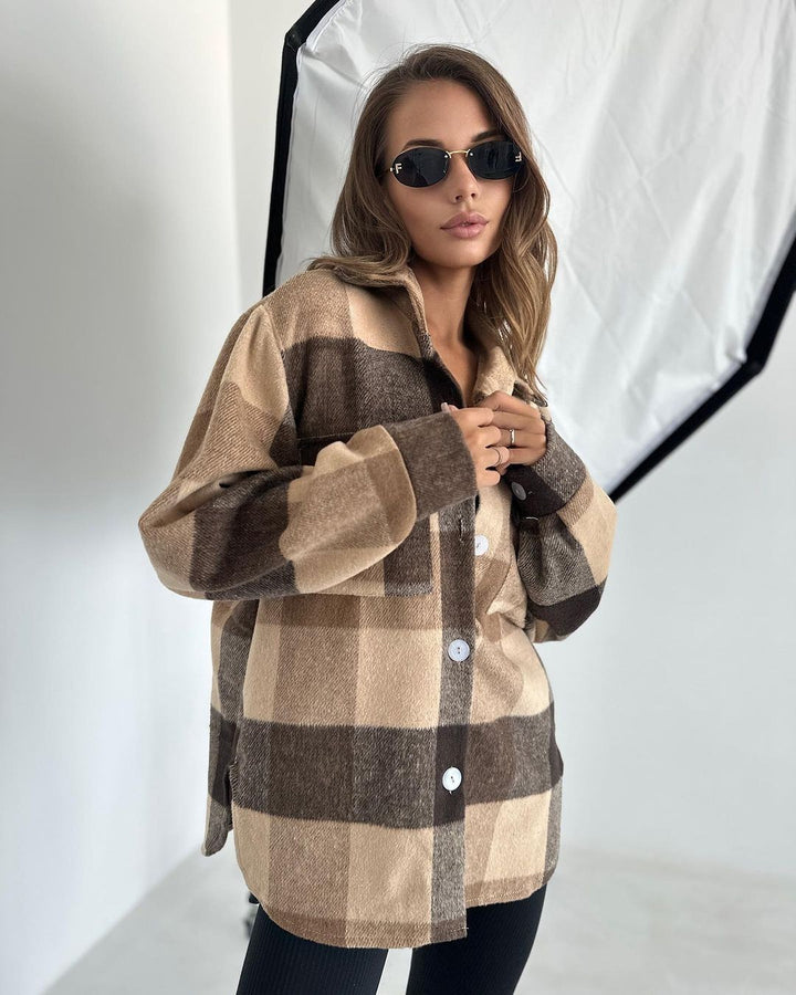 Damen Karierter Overshirt im Shacket-Stil mit Saumtaschen und Knopfverschluss Drune
