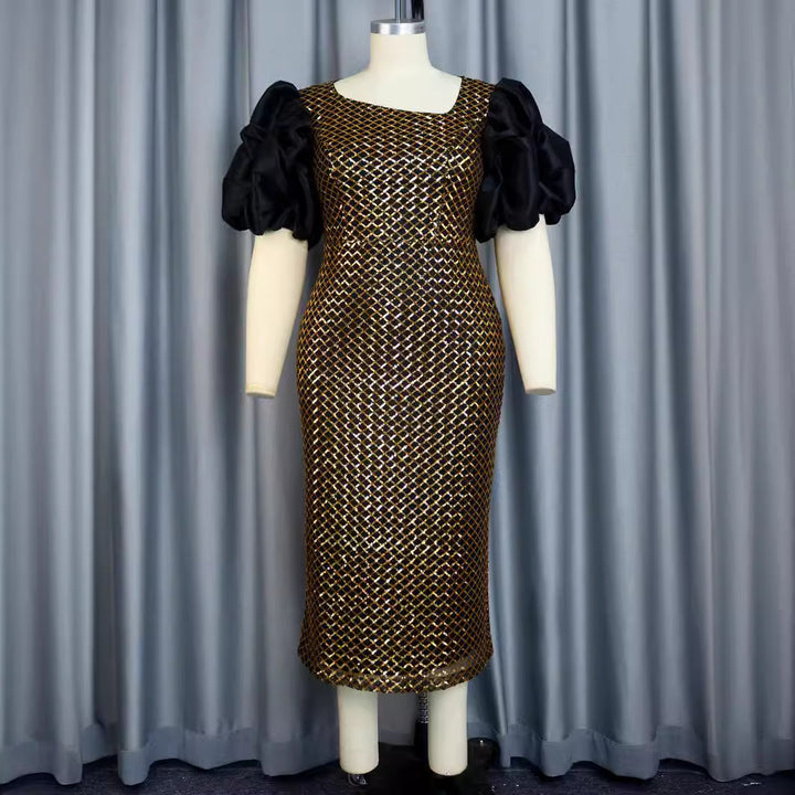 Damen Abendkleid mit strukturiertem Oberteil und voluminösen Puffärmeln Drune