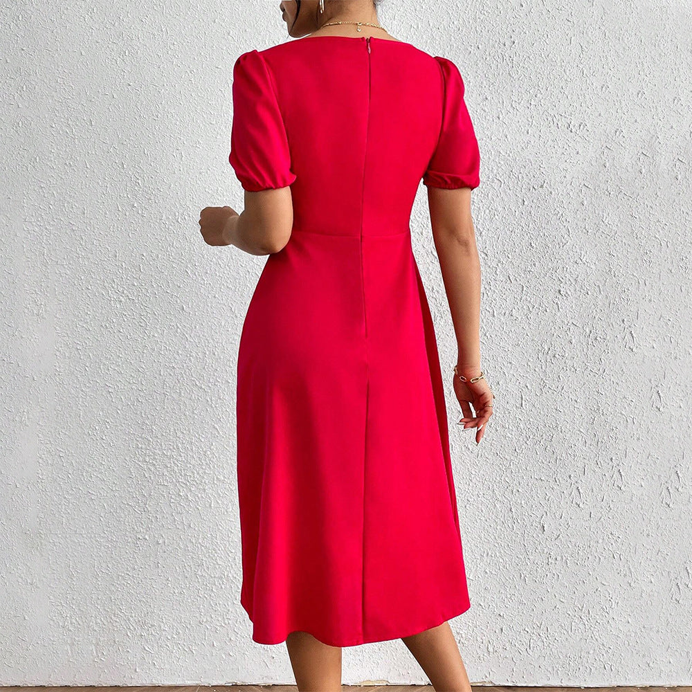 Damen Midi-Kleid mit Puffärmeln und raffiniertem Rüschendetail Drune