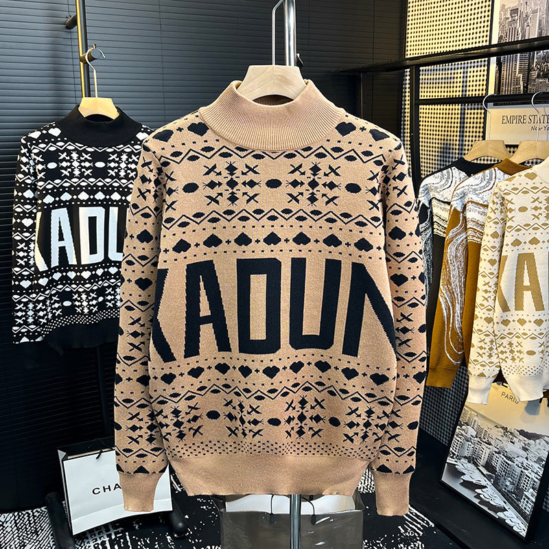 Herren Rollkragenpullover mit Norweger-Jacquard und großflächigem Logoprint Drune