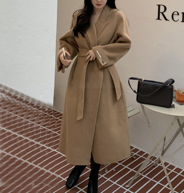 Damen Langer Wollmantel mit Bindegürtel, Oversize‑Silhouette und Ballonärmeln Drune