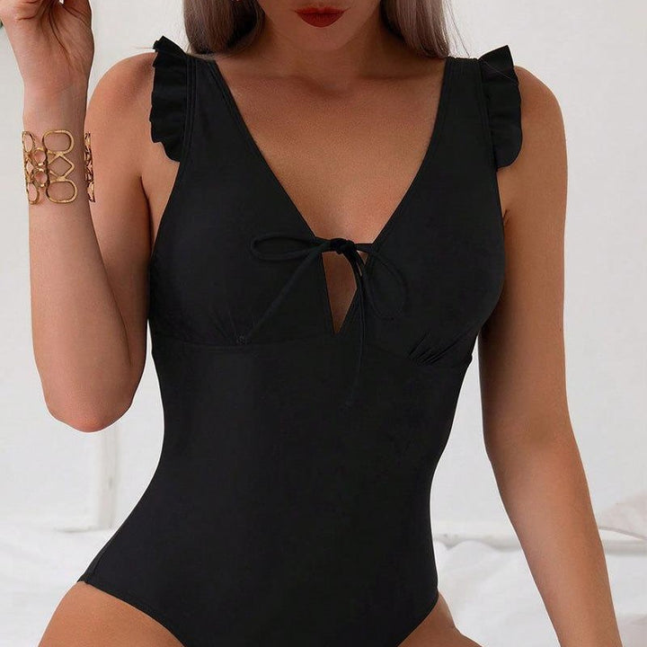 Damen Einteiler Badeanzug mit tiefer V-Neck und Rüschendetails Drune