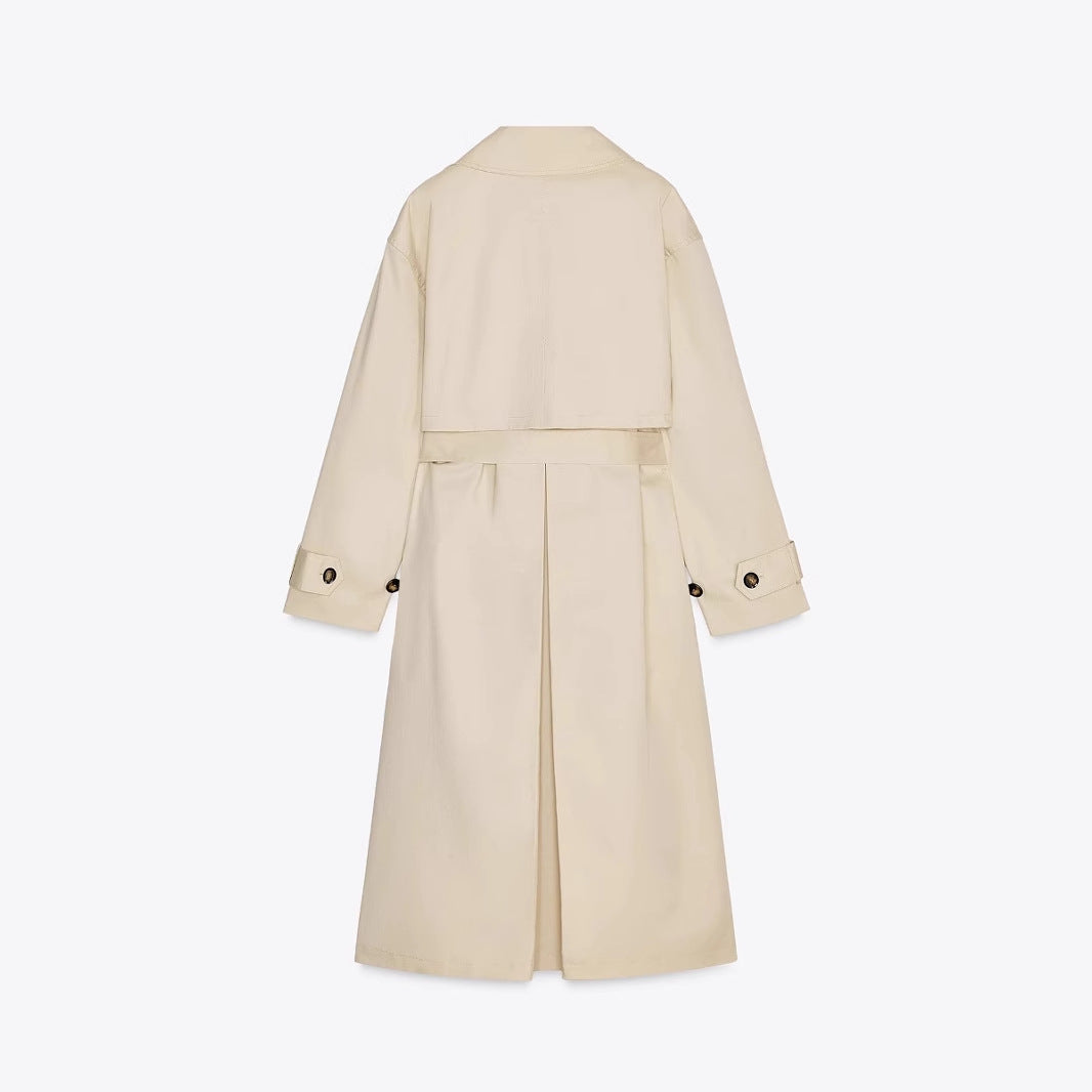 Damen Lang geschnittener Trenchcoat mit Rückfalte, Sturmklappe und Taillengürtel Drune
