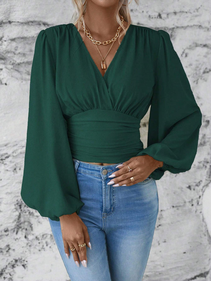 Damen Wickel-Cropped-Top mit geraffter Taillenpartie und weiten Ballonärmeln Drune