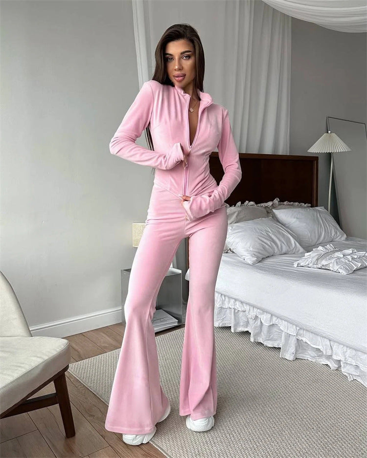 Damen Fleece-Jogginganzug mit elegantem Reißverschluss und ausgestellten Beinen Drune