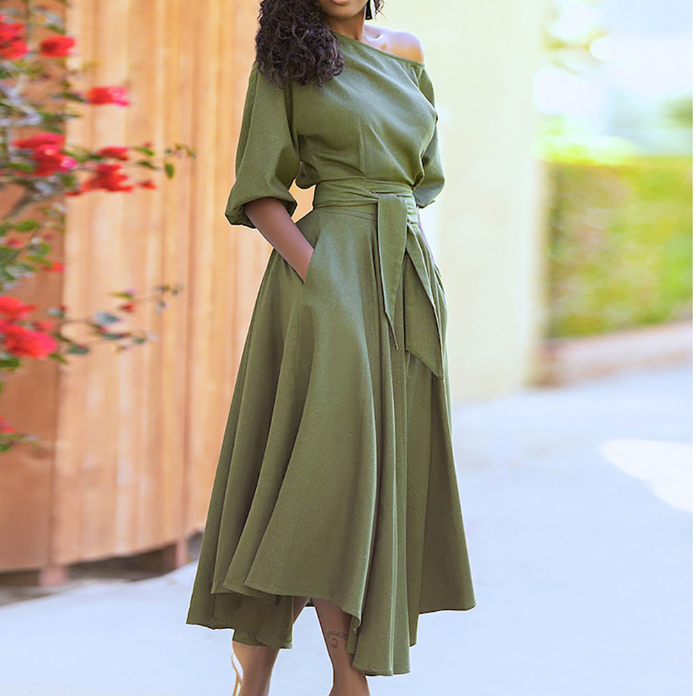 Damen Elegantes Maxi-Kleid mit schulterfreiem Design und Gürtel Drune