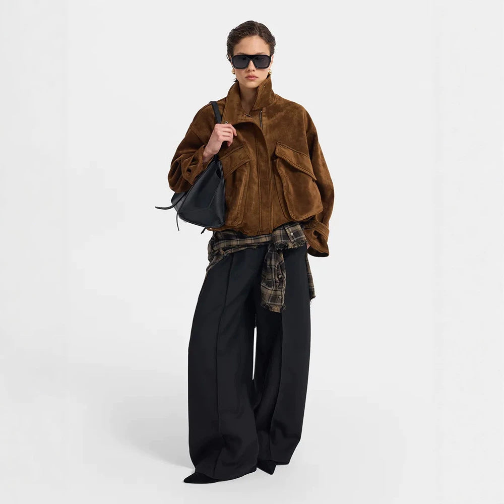 Damen Oversize Veloursleder-Blouson mit großen Pattentaschen und Stehkragen Drune