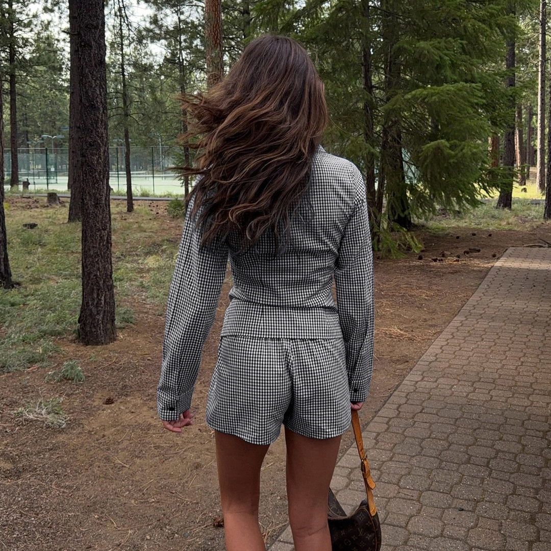 Damen nan zweiteiliges Vichy-Set aus taillierter Blusenjacke mit Wiener Nähten und Highwaist-Shorts Drune