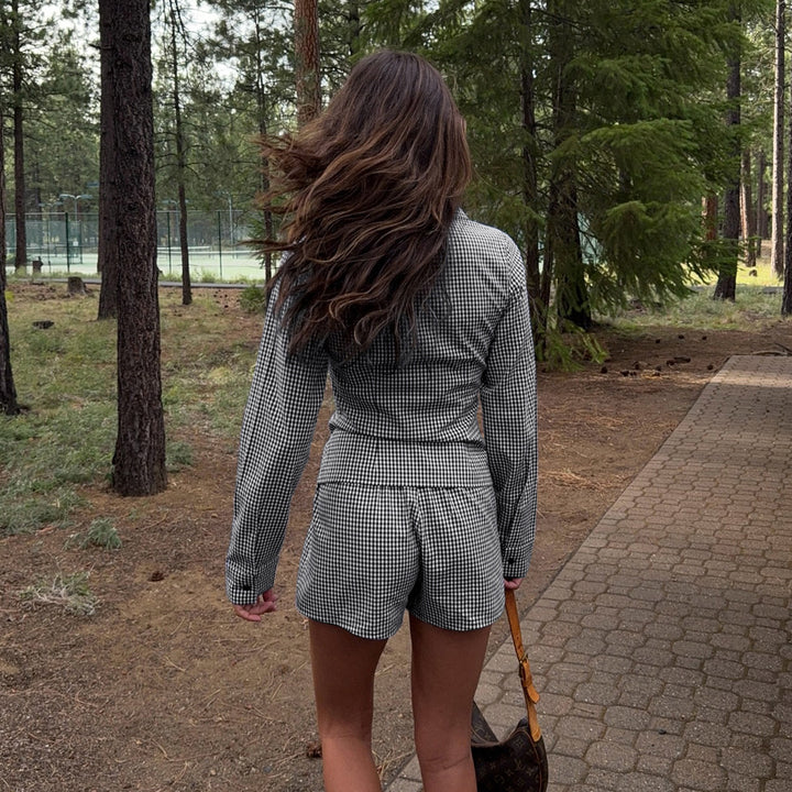 Damen nan zweiteiliges Vichy-Set aus taillierter Blusenjacke mit Wiener Nähten und Highwaist-Shorts Drune
