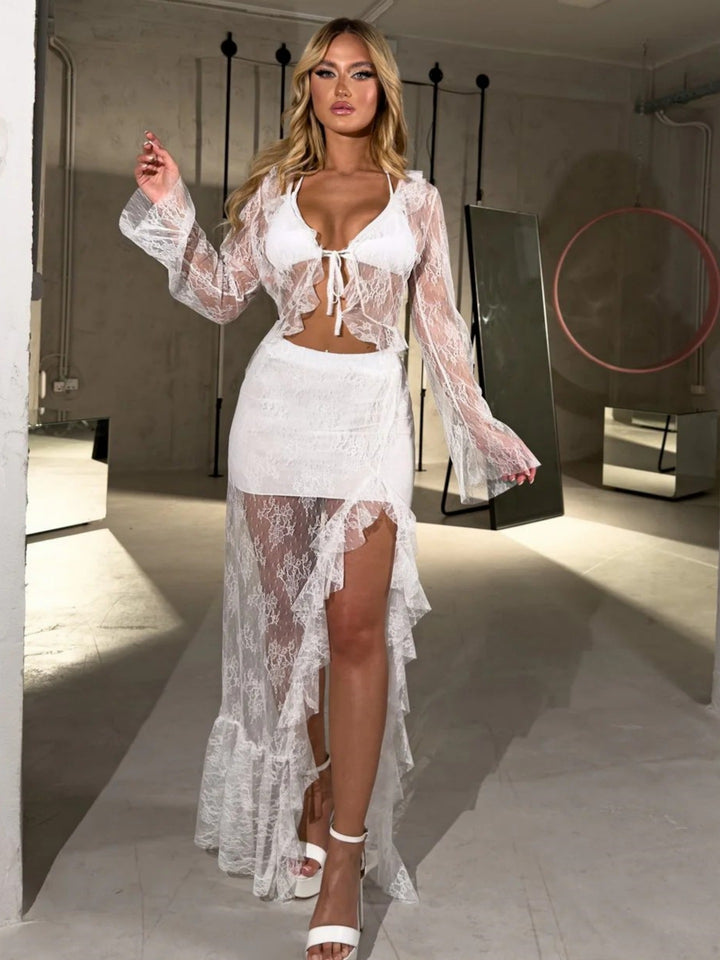 Damen Transparente Bluse mit Rüschenärmel und frechem Bindeband Drune