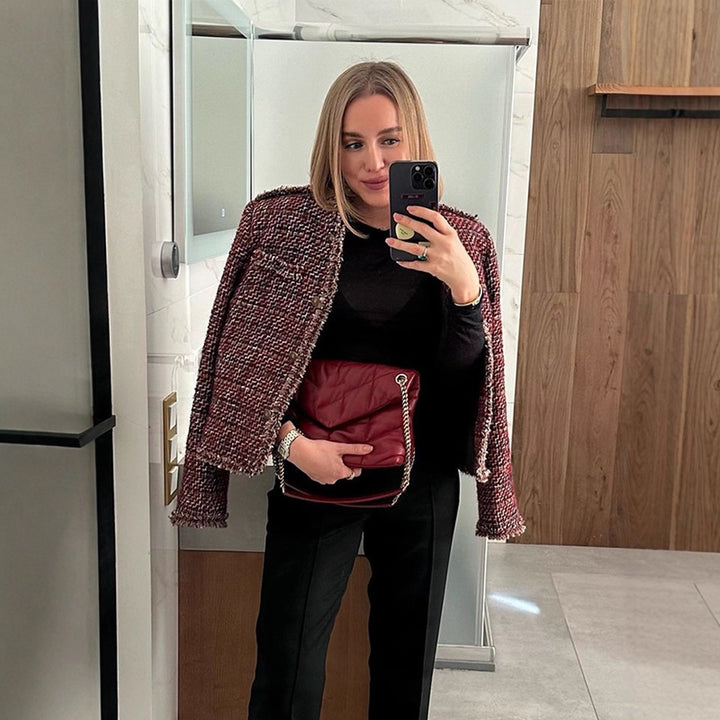 Damen Kurze Bouclé-Tweed-Jacke mit Fransenbesatz und Zierknöpfen Drune