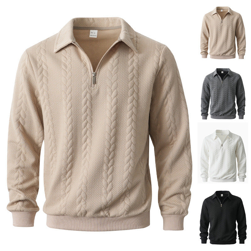 Herren nan Halbzip-Pullover mit Kentkragen, Zopfstrickstruktur und geripptem Saum Drune