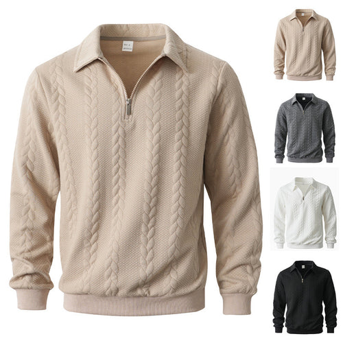 Herren nan Halbzip-Pullover mit Kentkragen, Zopfstrickstruktur und geripptem Saum Drune