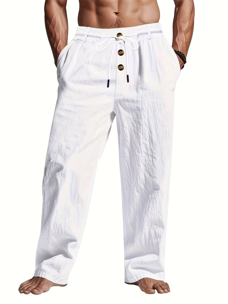 Herren Bequeme Strandhose mit Kordelzug und Holzknöpfen Drune