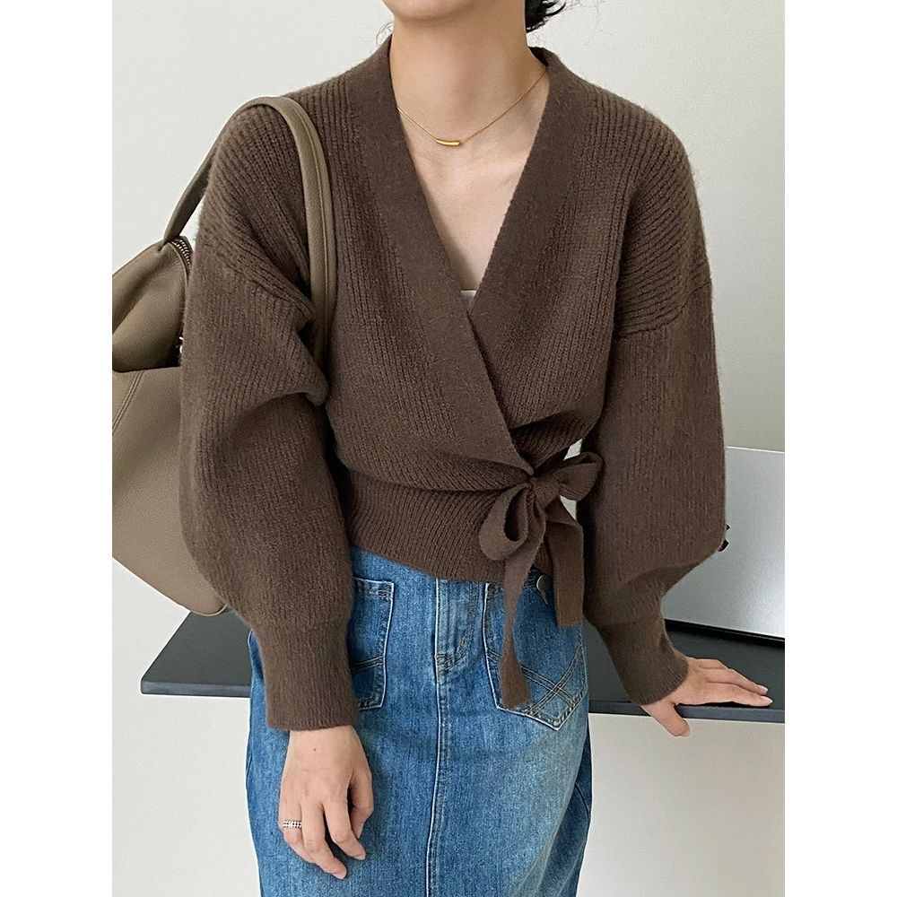 Damen eleganter Wickelpullover mit V-Ausschnitt und Taillenzug Drune