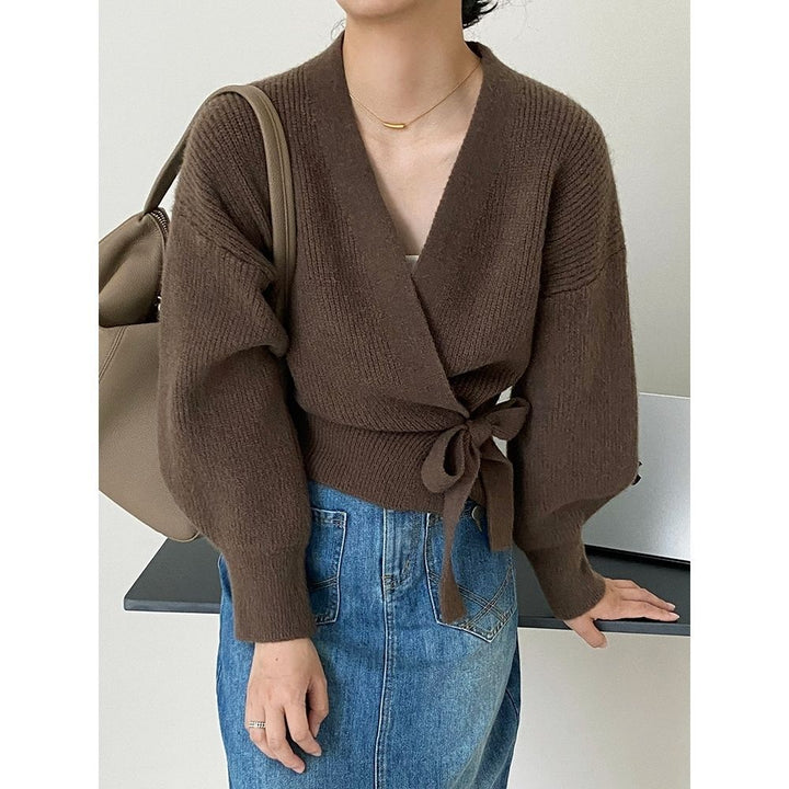 Damen eleganter Wickelpullover mit V-Ausschnitt und Taillenzug Drune