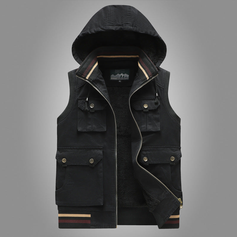 Herren Utility-Weste mit Kapuze, Teddyfutter und Multifachtaschen Drune