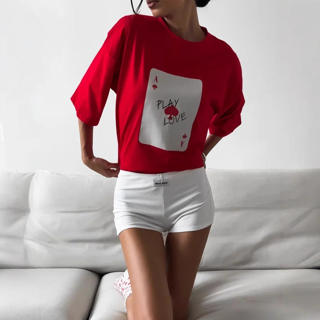 Damen Lässiges T-Shirt mit kreativem Kartenmotiv Drune