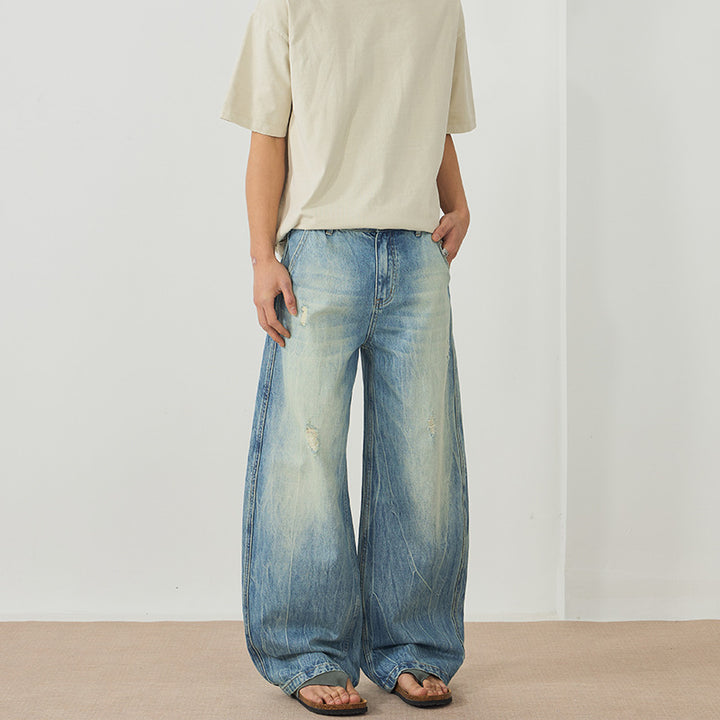 Herren Ultraweite Stonewashed Baggy-Jeans im bodenlangen Palazzoschnitt mit Used‑Effekt Drune