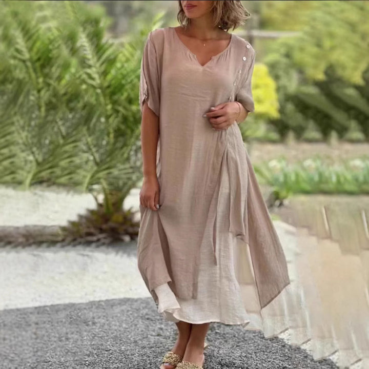 Damen nan zweilagiges Lagenkleid mit asymmetrischem Saum und Zierknopfleiste Drune