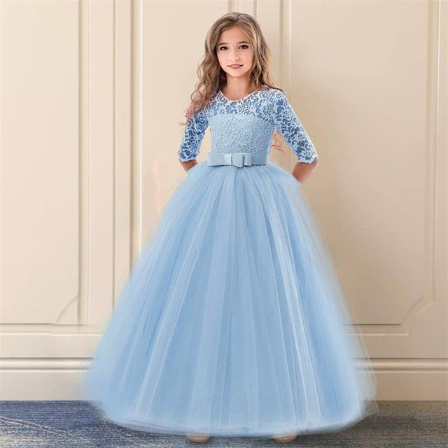 Mädchen Festliches Tüllkleid mit Spitzenoberteil und Taillengürtel Drune