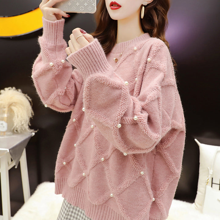 Damen Oversized Pullover mit Strukturmuster und Perlenverzierungen Drune