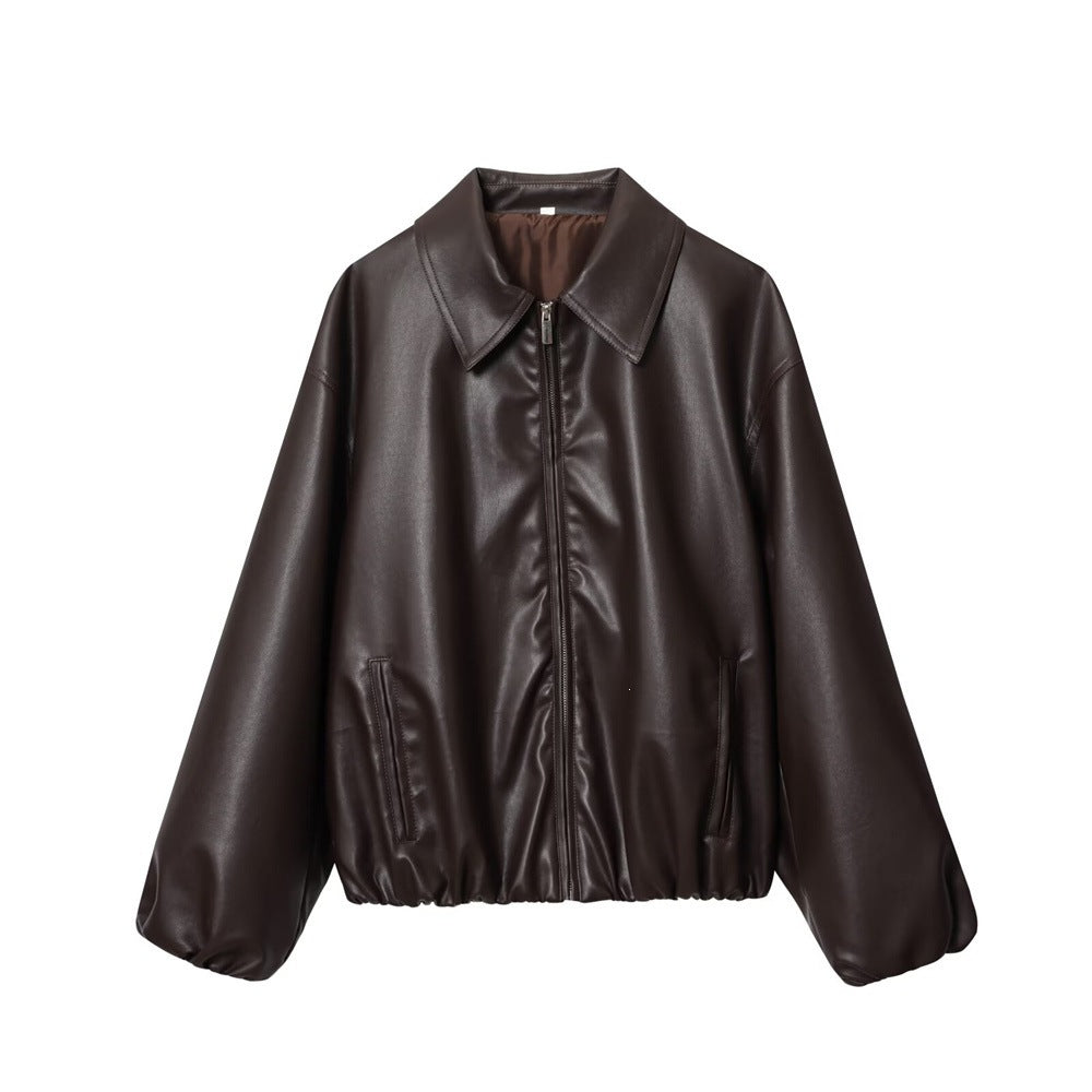 Damen Kurz geschnittener Oversize‑Blouson aus veganem Kunstleder mit Hemdkragen und elastischem Saum Drune