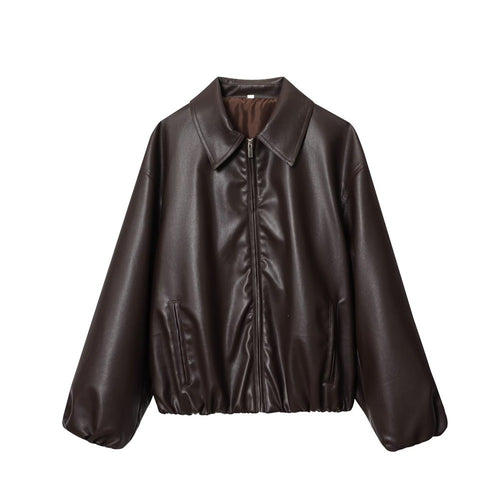 Damen Kurz geschnittener Oversize‑Blouson aus veganem Kunstleder mit Hemdkragen und elastischem Saum Drune