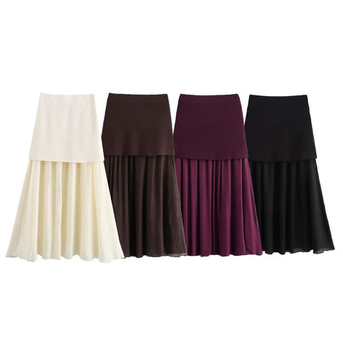 Damen Doppel-Layer Plissée-Maxirock mit hohem Bund Drune