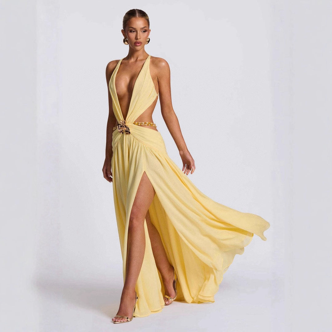 Damen Maxikleid mit tiefem V-Ausschnitt und elegantem Wickeldesign Drune