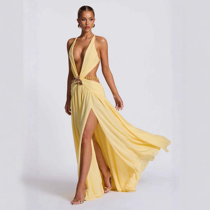 Damen Maxikleid mit tiefem V-Ausschnitt und elegantem Wickeldesign Drune