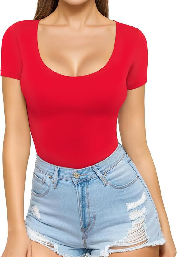 Damen figurbetontes Kurzarm-Body mit rundem Ausschnitt und nahtlosem Design Drune