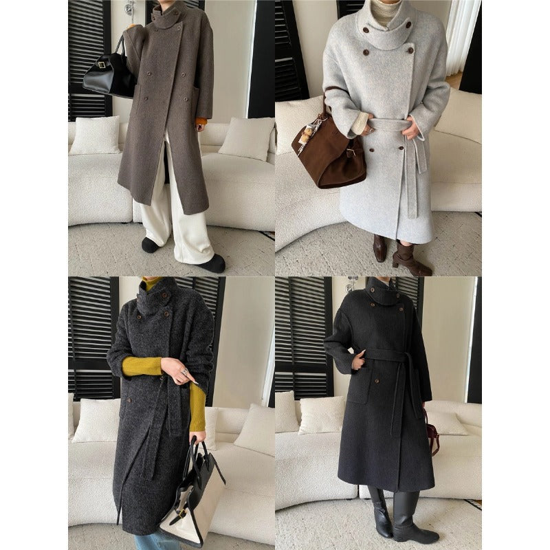 Damen eleganter Wollmantel mit doppelter Knopfleiste und Taillengürtel Drune