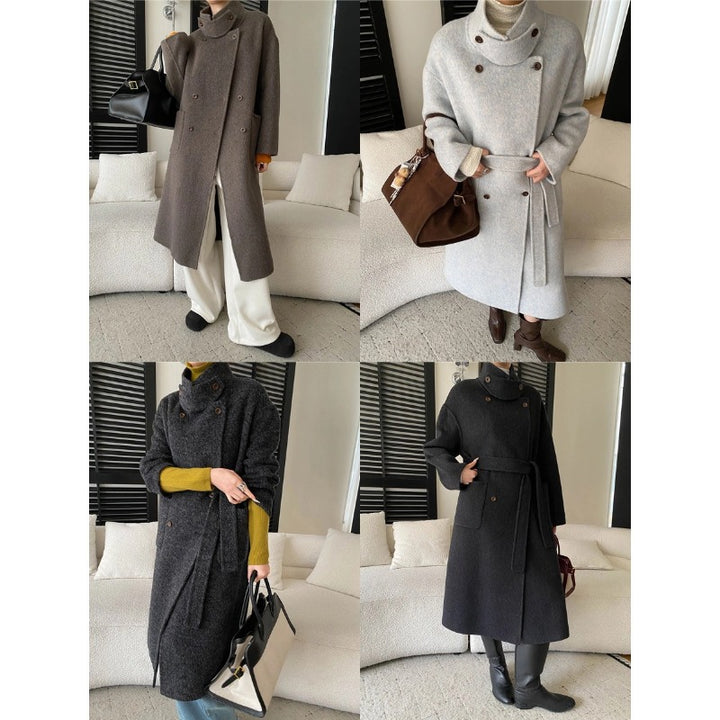 Damen eleganter Wollmantel mit doppelter Knopfleiste und Taillengürtel Drune