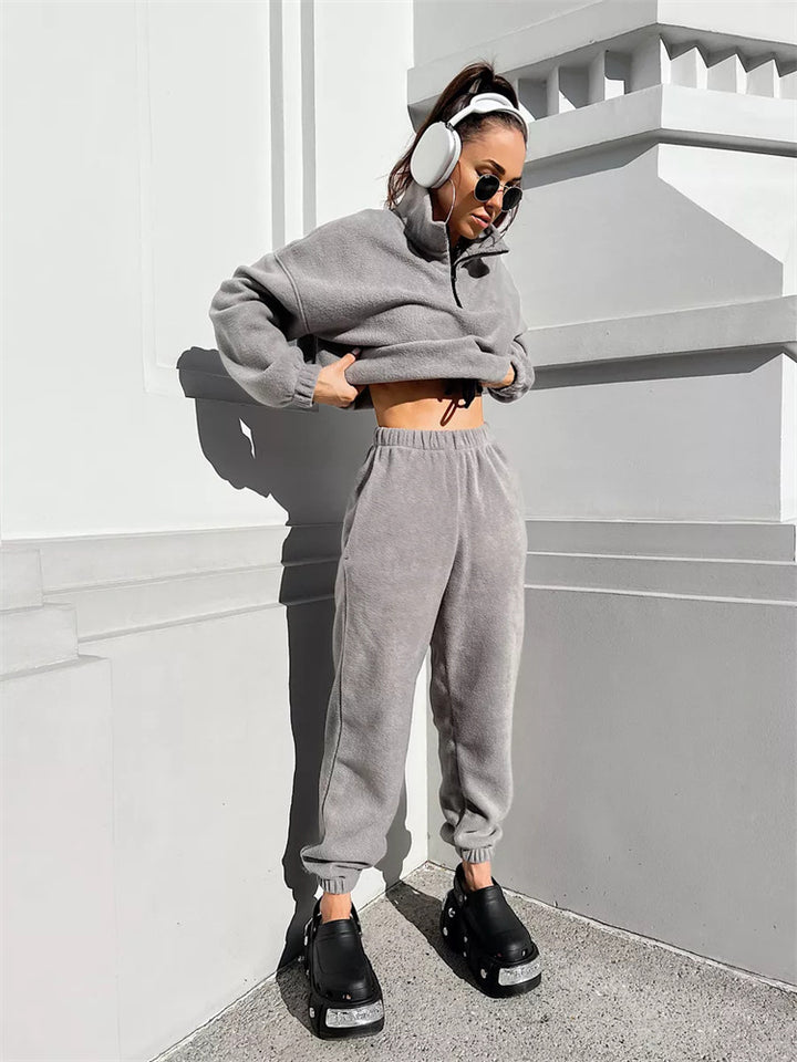 Damen Fleece-Lounge-Set mit hochschließendem Kragen und verstellbarem Bund Drune