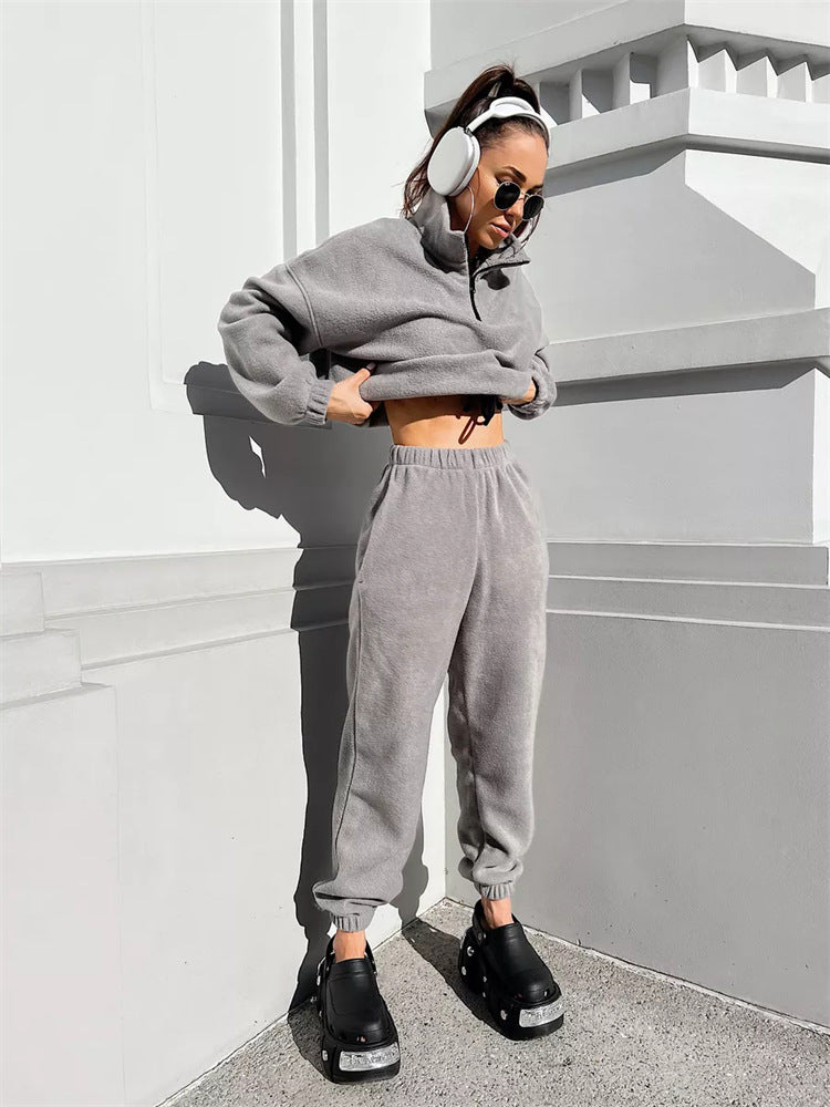 Damen kuscheliger Fleece-Jogginganzug mit Stehkragen und Kordelzug Drune