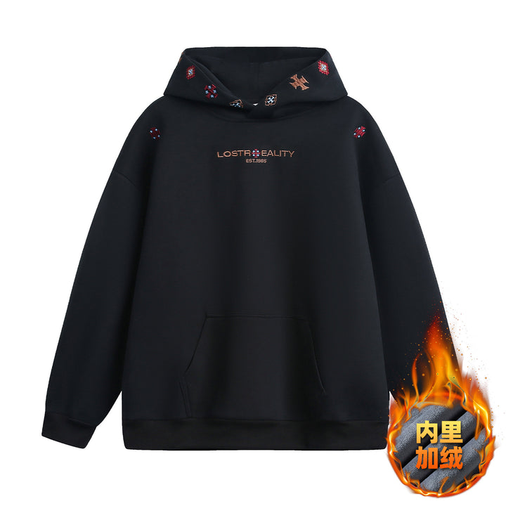 Unisex Oversize Kapuzenpullover mit feiner Logo- und Motivstickerei sowie Kängurutasche Drune