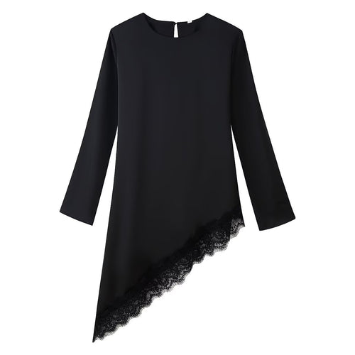 Damen Asymmetrische Tunika mit Spitzensaum und Langarm Drune