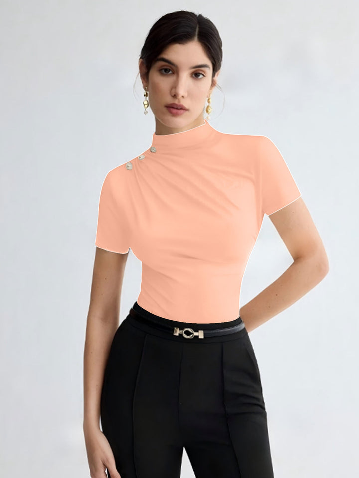 Damen elegantes Oberteil mit dekorativen Knopfdetails und modernem Stehkragen Drune