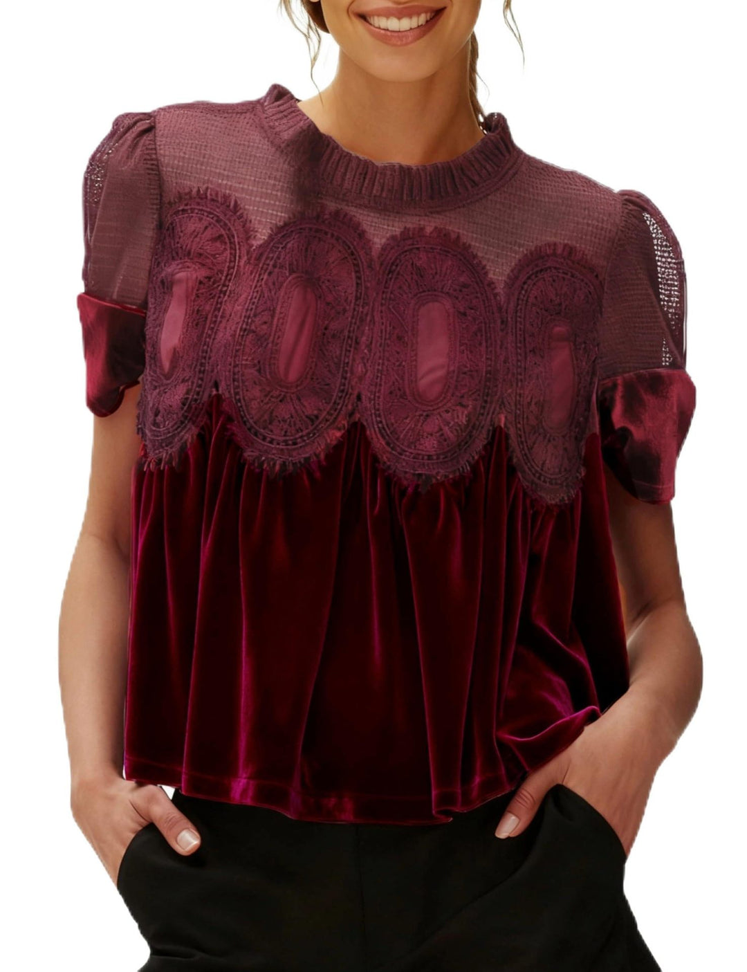 Damen Samtbluse mit Spitzenbesatz, transparentem Einsatz und geraffter A-Linie Drune