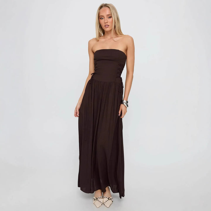 Damen Maxi-Kleid mit schulterfreiem Design und seitlichen Rüschendetails Drune