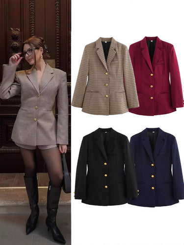 Damen karierten Blazer mit goldenen Knöpfen und praktischen Taschen Drune