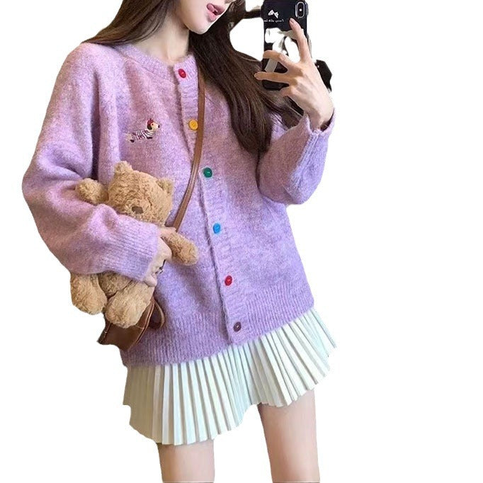 Damen Strickjacke mit bunten Knöpfen und gesticktem Motiv Drune