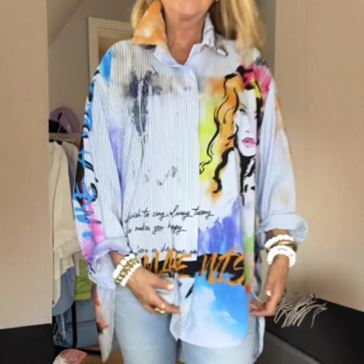 Damen nan kunstvoll bedruckte weit geschnittene Hemdbluse mit Popartmotiv und Nadelstreifen Drune
