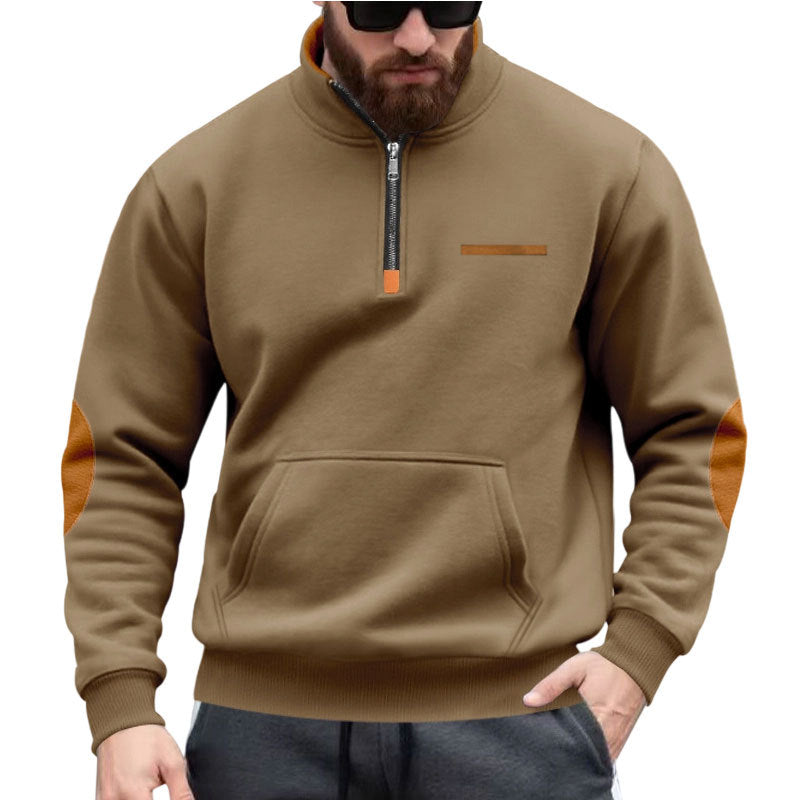 Herren nan Halbzip-Sweatpullover mit Stehkragen, Kängurutasche und Ellenbogenbesatz Drune